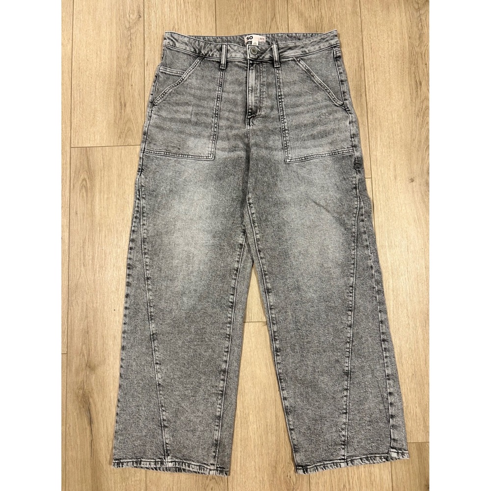 SO High Rise Wide Leg Jeans Gray Acid Wash Seam Detail Utility Pants Size 17 33W